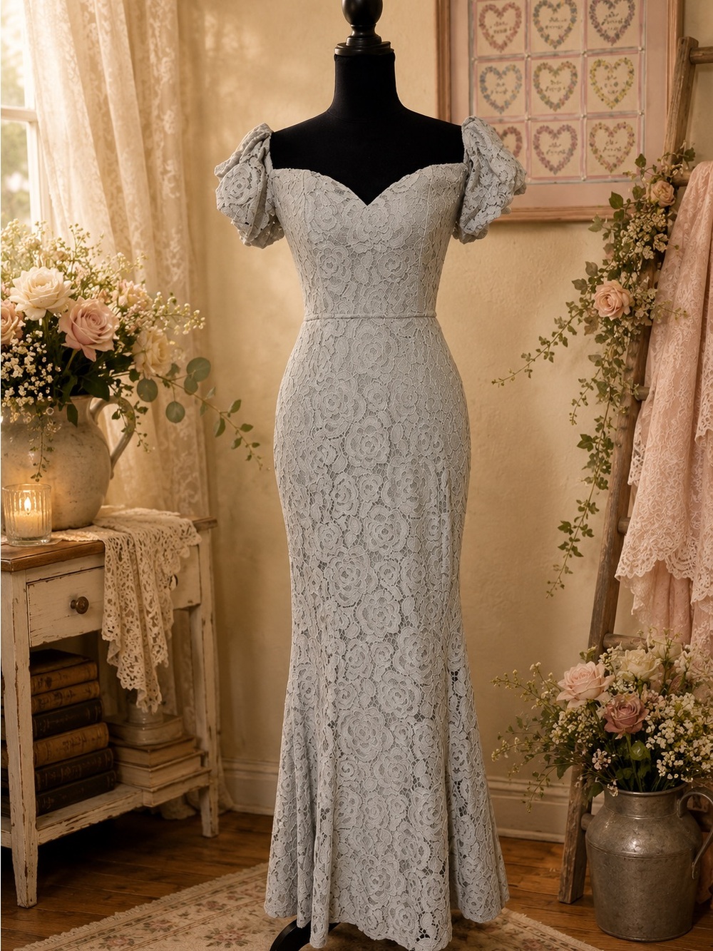 Elegant Light Gray Lace Mermaid Wedding Dress with Puff Sleeves